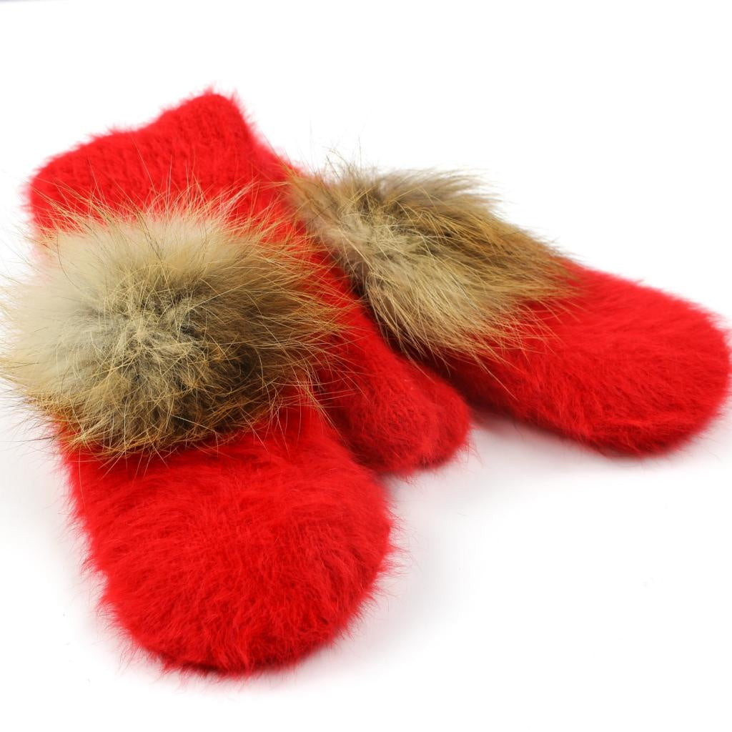Red mittens with natural fur