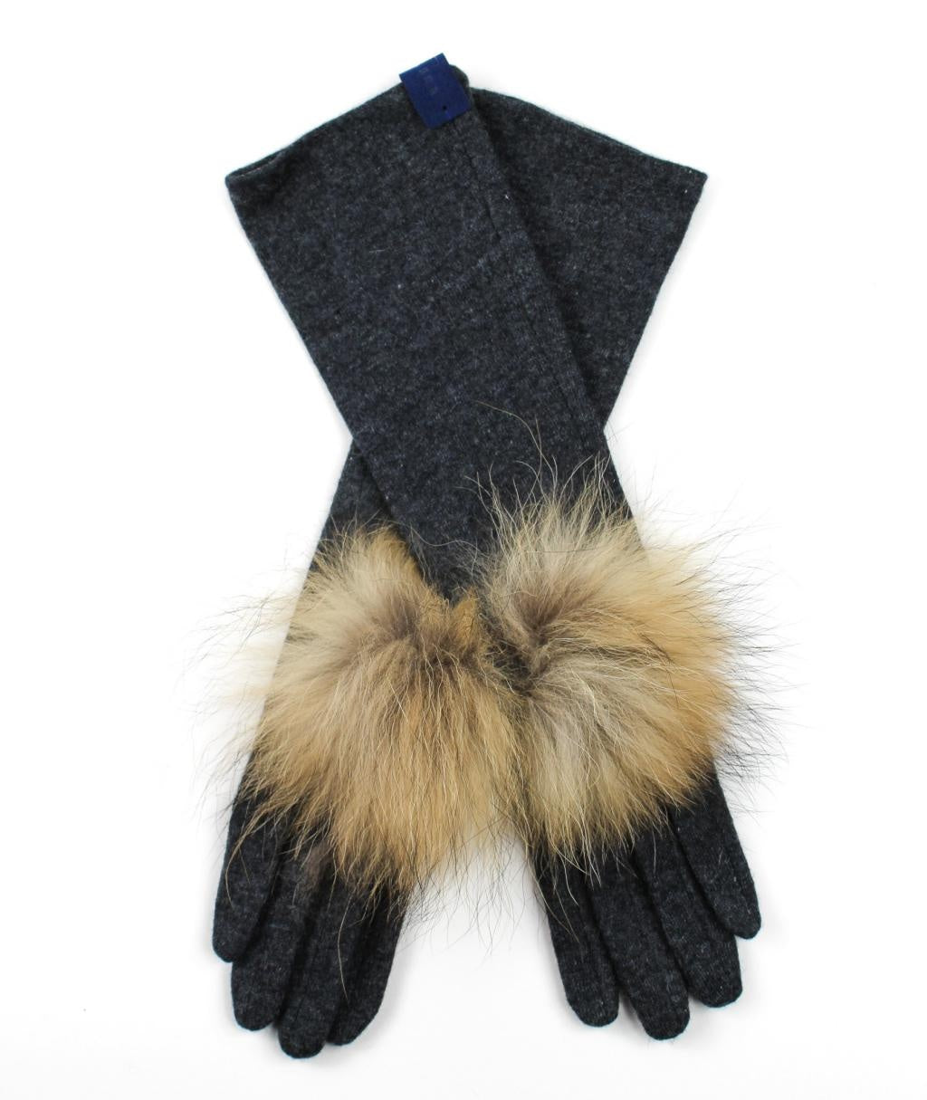 Warm elegant long woolen gloves with natural fur