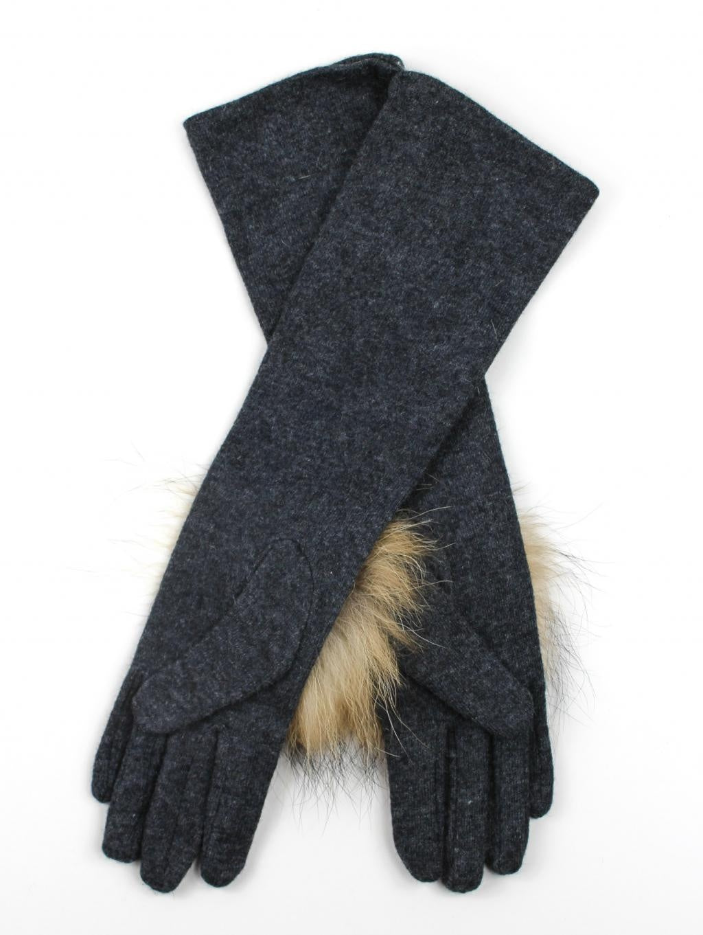 Warm elegant long woolen gloves with natural fur
