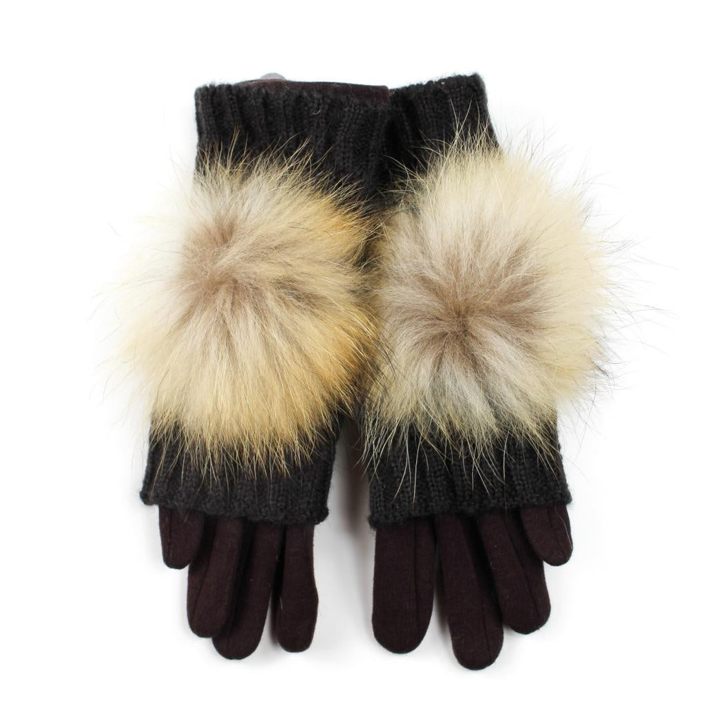 Dark brown gloves and wristbands with natural fur