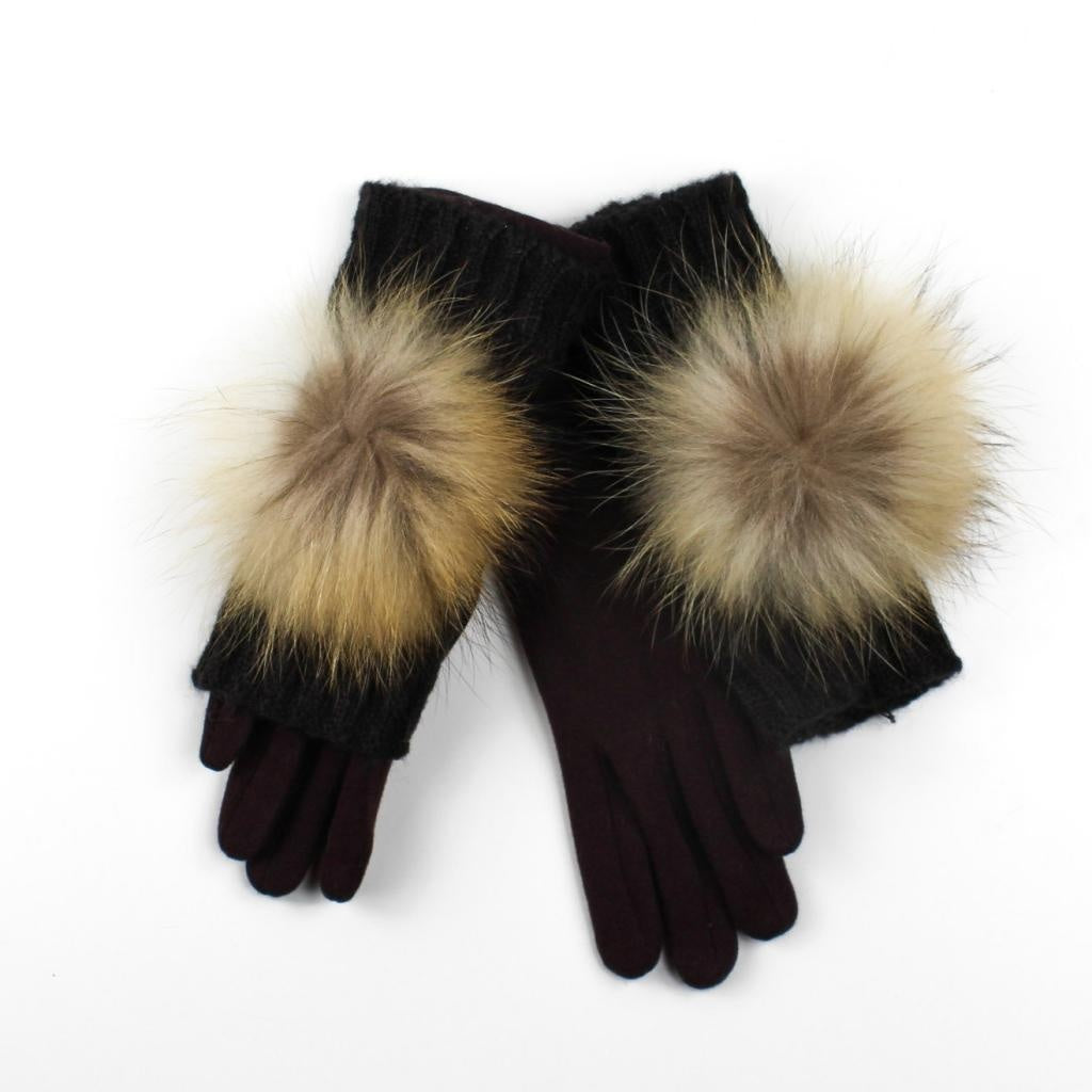 Dark brown gloves and wristbands with natural fur