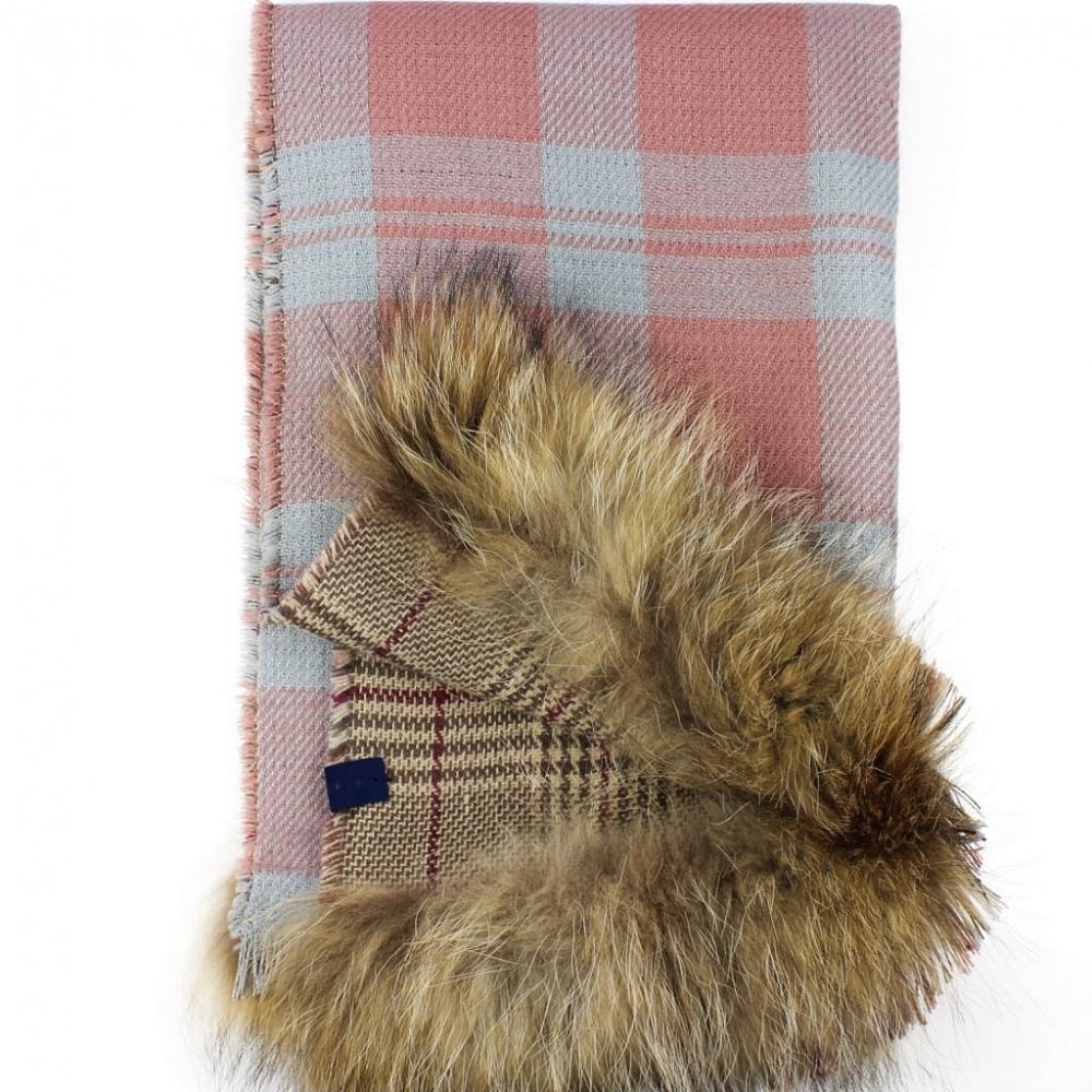 Warm and cozy plaid woolen scarf with natural fur