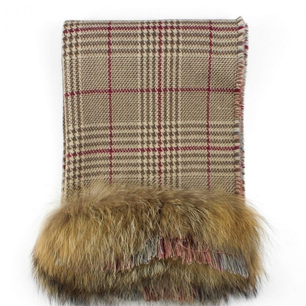 Warm and cozy plaid woolen scarf with natural fur
