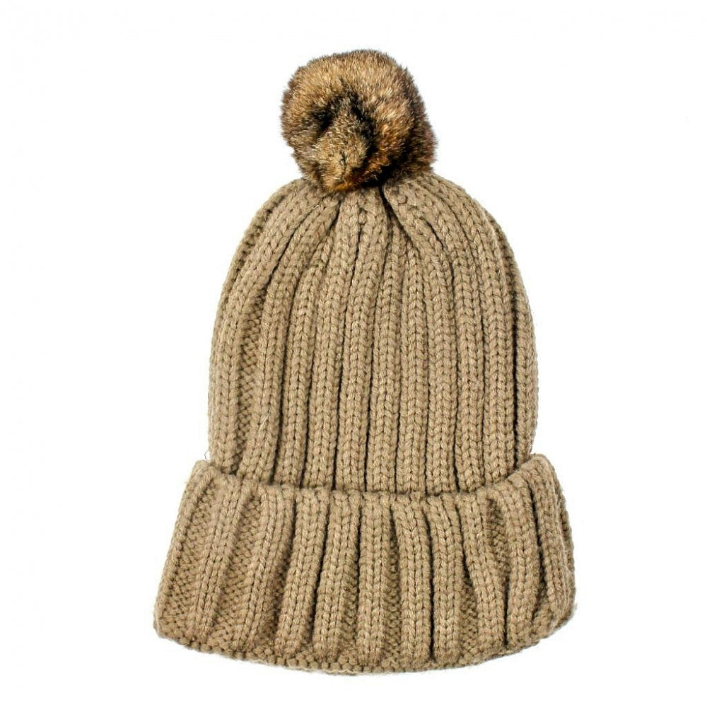 Khaki knitted hat with real fur pom pom