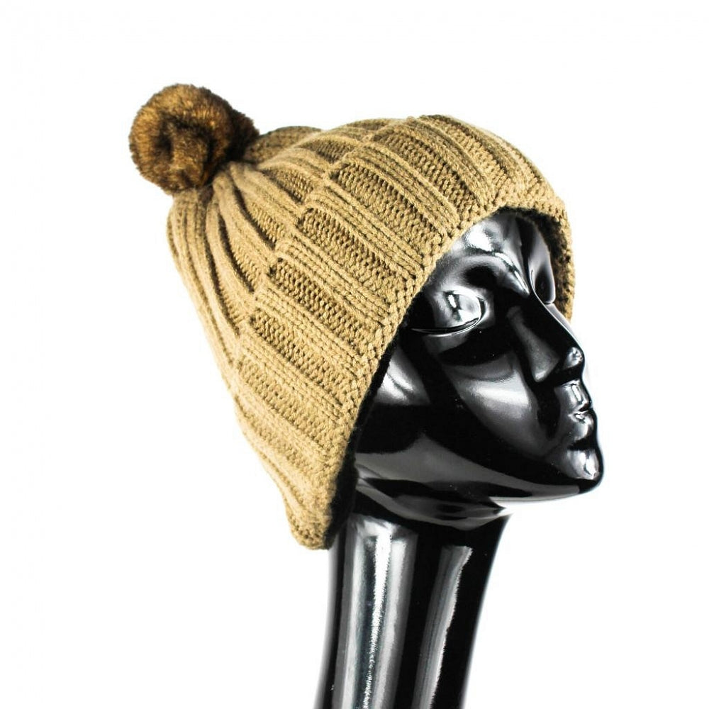Khaki knitted hat with real fur pom pom