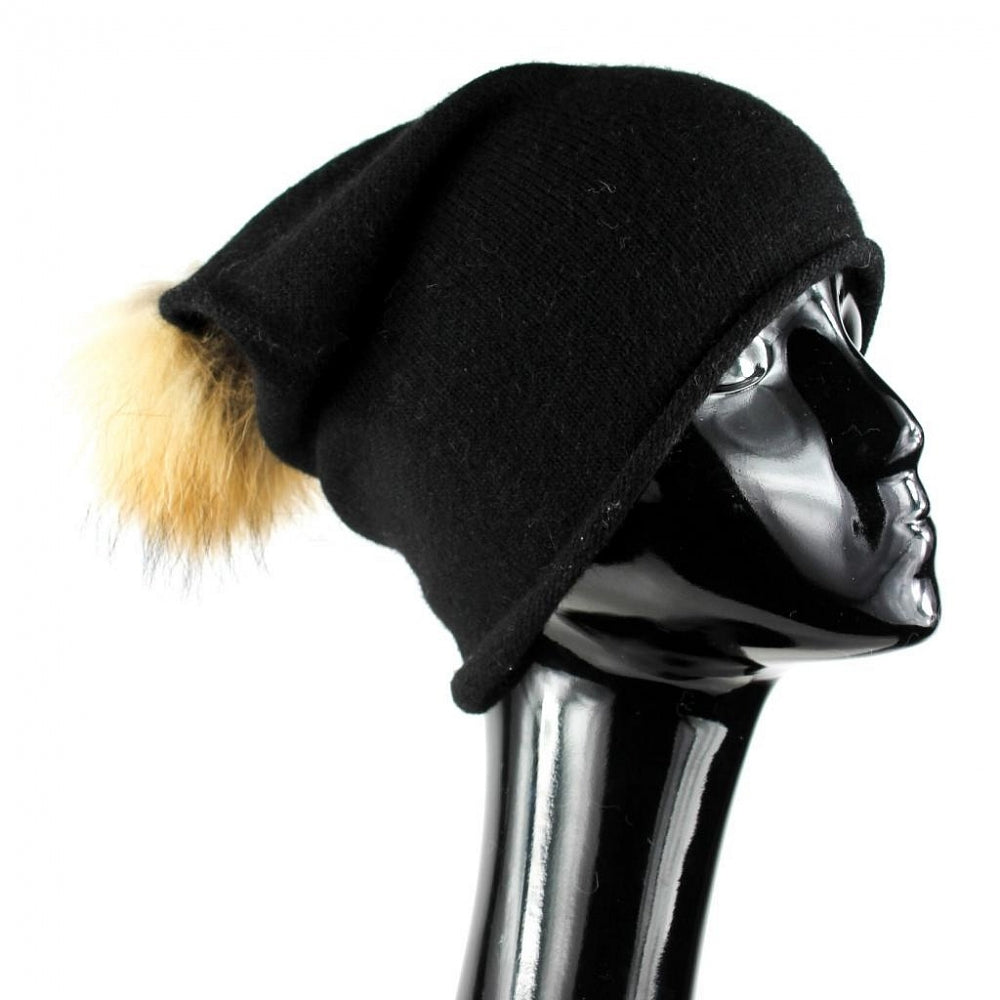 Long black wool hat with natural fur