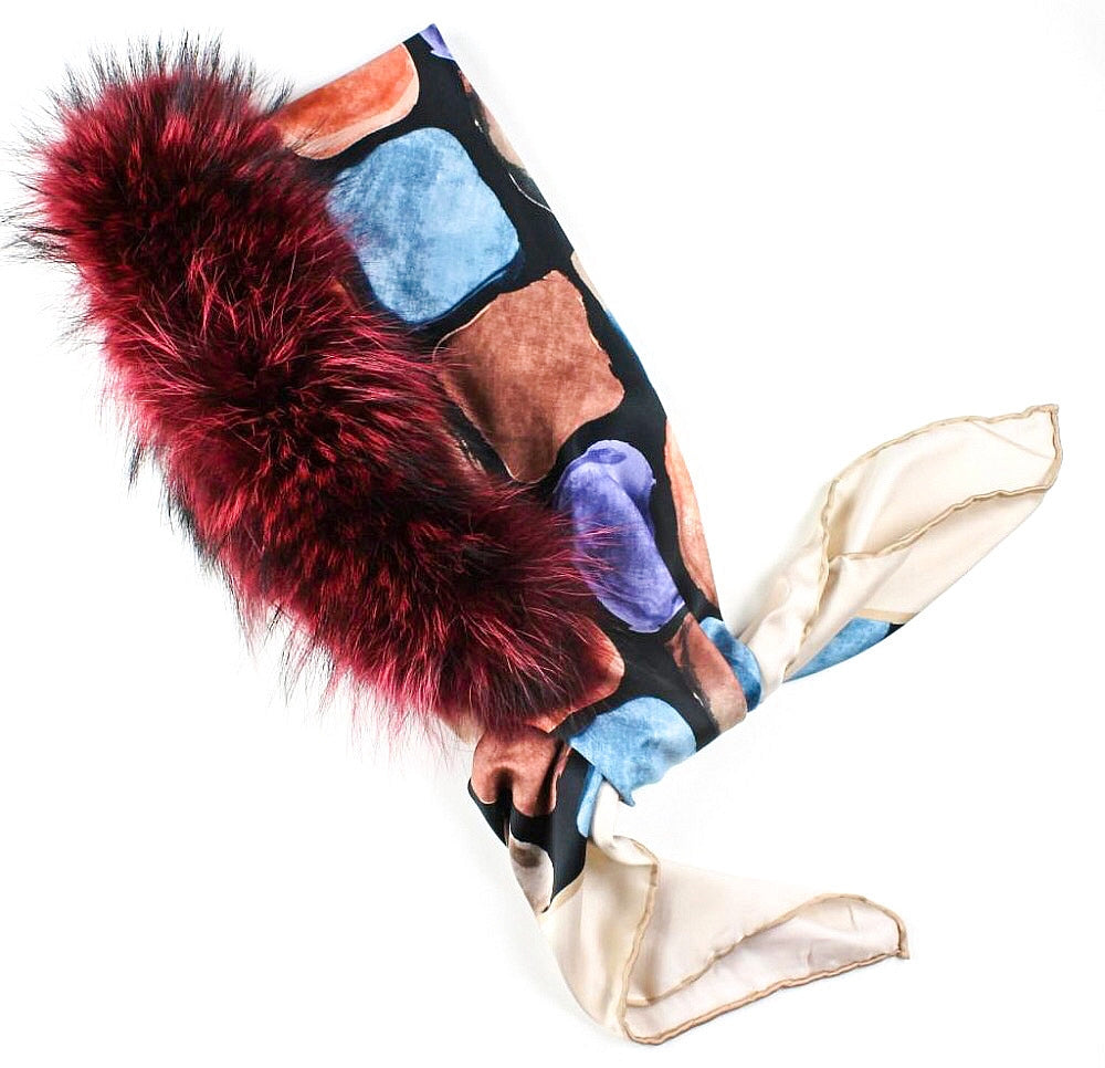 An exclusive and bright scarf decorated with dyed raccoon fur