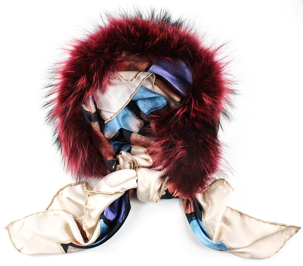 An exclusive and bright scarf decorated with dyed raccoon fur