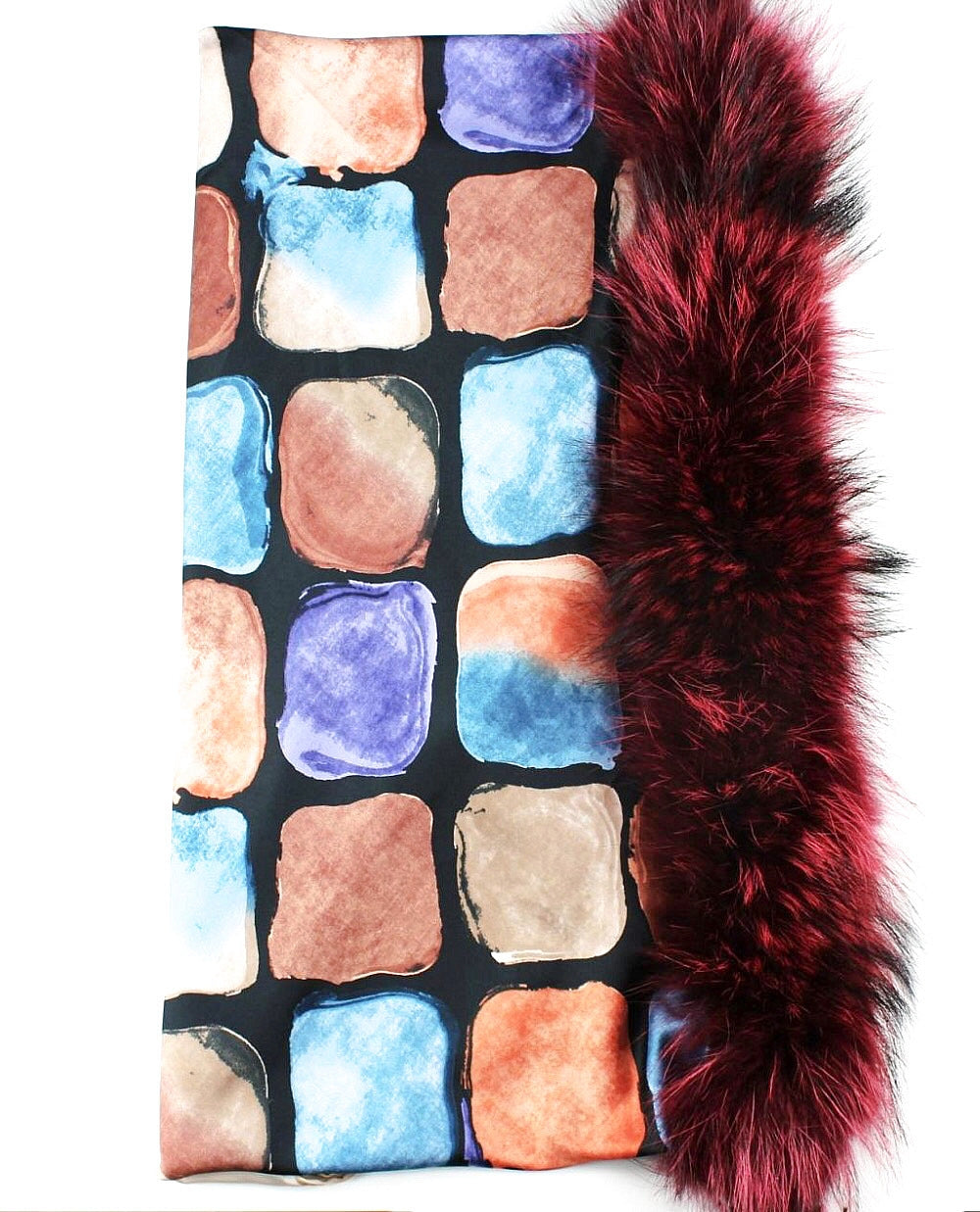An exclusive and bright scarf decorated with dyed raccoon fur