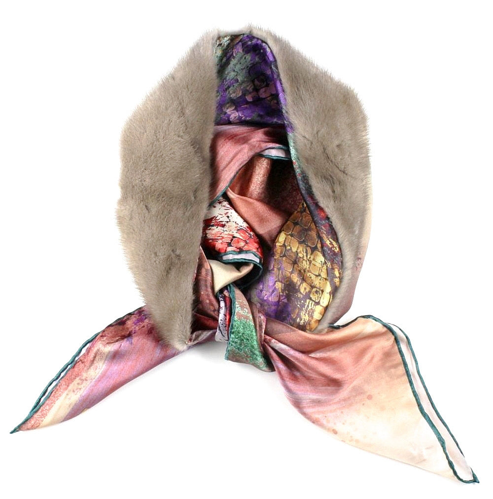 Luxurious silk scarf with mink fur