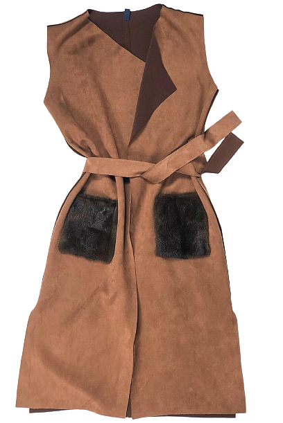 Faux leather long vest with fox fur pockets