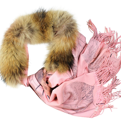 Pink elegant cashmere and wool scarf with natural fur