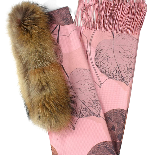 Pink elegant cashmere and wool scarf with natural fur