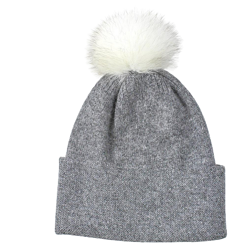 Dark grey wool hat with a natural fur pompom