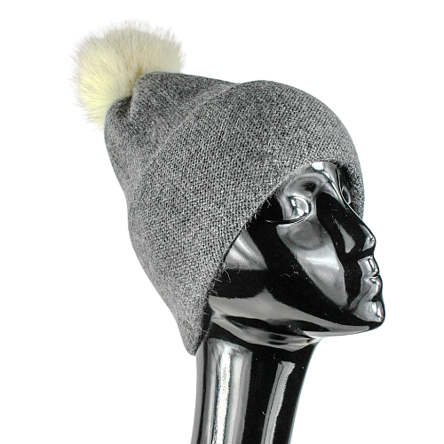 Dark grey wool hat with a natural fur pompom