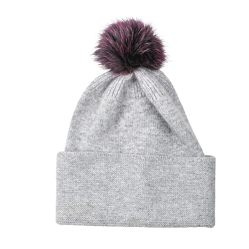 Warm stylish wool hat with purple natural fur pompom
