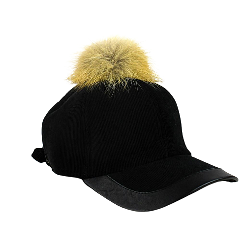 Black hat with peak and natural fur pom pom
