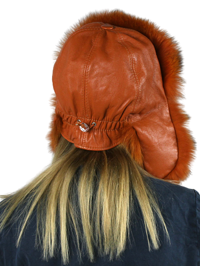 Genuine leather and fox fur hat with ears