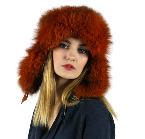 Genuine leather and fox fur hat with ears