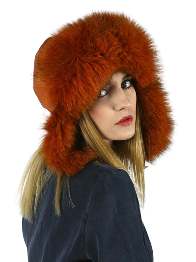 Genuine leather and fox fur hat with ears