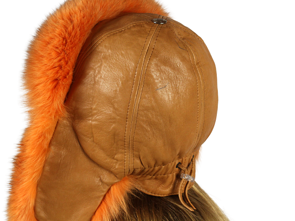 Genuine leather and fox fur hat with ears