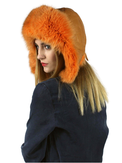 Genuine leather and fox fur hat with ears