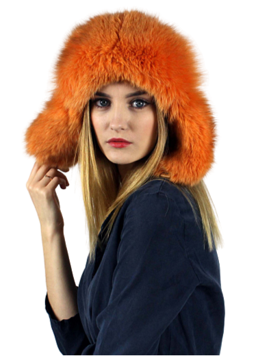 Genuine leather and fox fur hat with ears