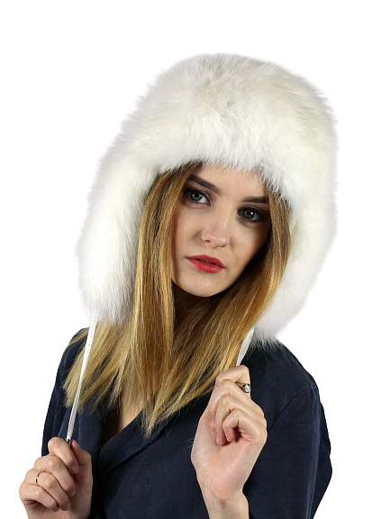Snow white genuine leather and fox fur hat with ears