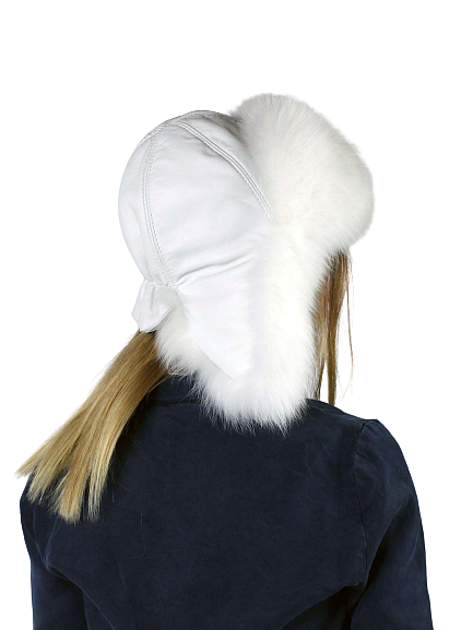 Snow white genuine leather and fox fur hat with ears