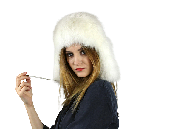 Snow white genuine leather and fox fur hat with ears