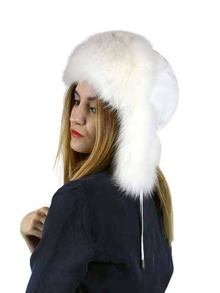 Snow white genuine leather and fox fur hat with ears