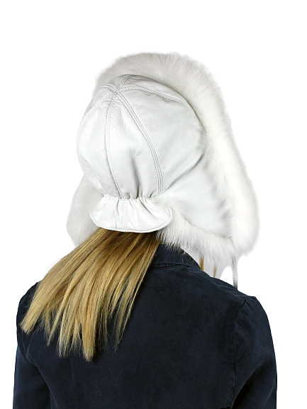 Snow white genuine leather and fox fur hat with ears