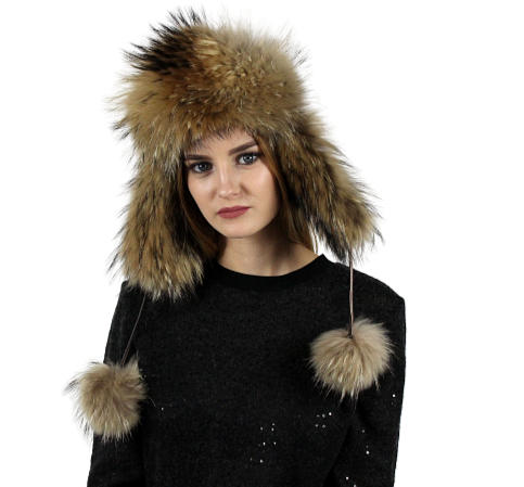 Original natural leather and houndstooth fur hat with ears
