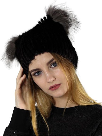 Knitted mink hat with silver fox ears