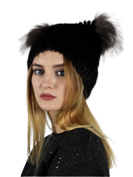 Knitted mink hat with silver fox ears