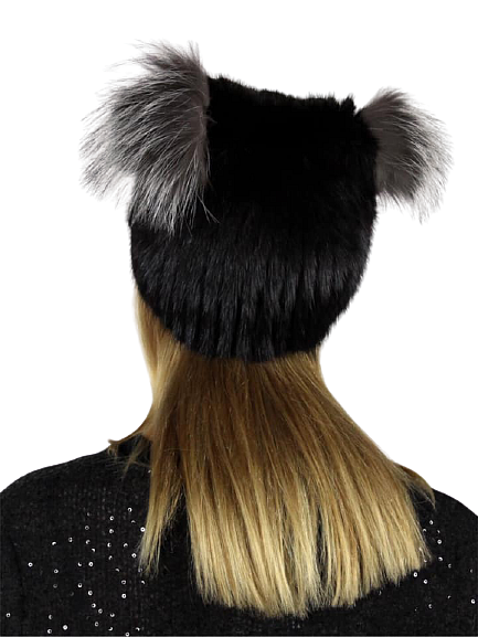 Knitted mink hat with silver fox ears
