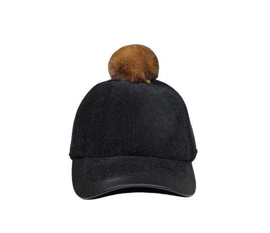 Warm velour hat with snapback and fox fur pom pom