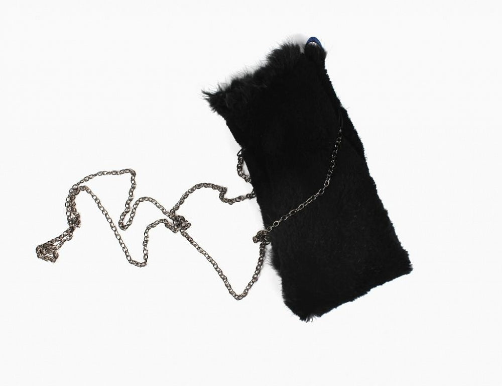 Genuine fur phone case with long chain handle