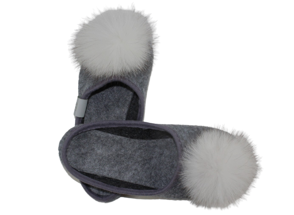 Women's wool house slippers with natural fox fur tufts | Size 38