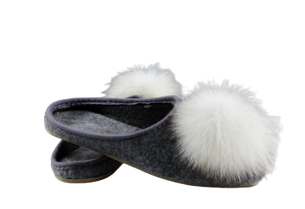 Women's wool house slippers with natural fox fur tufts | Size 38