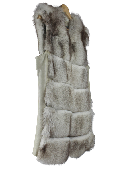 Pilka šiaurinės lapės šilta liemenė su natūralios odos intarpais