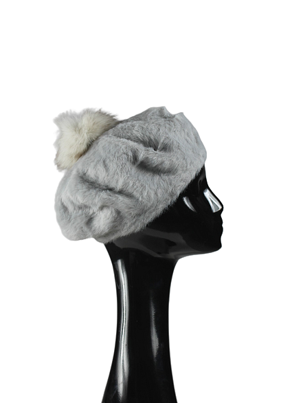 Grey angora beret with fox fur pompom