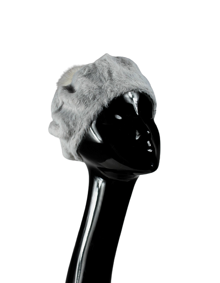 Grey angora beret with fox fur pompom