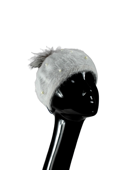 Grey beret with pearls and silver fox fur