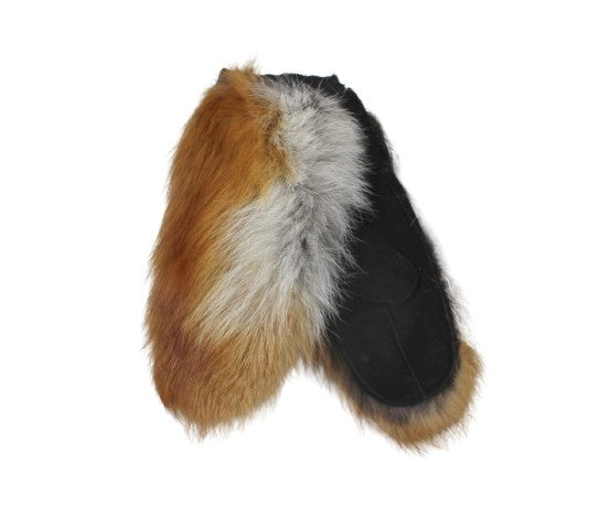 Turned leather black mittens with fox fur
