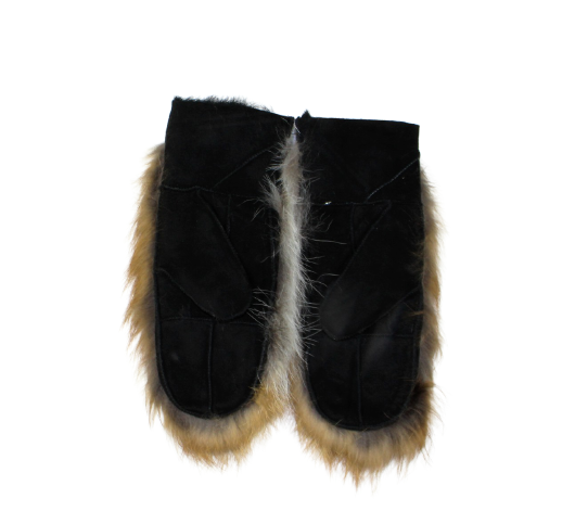 Turned leather black mittens with fox fur