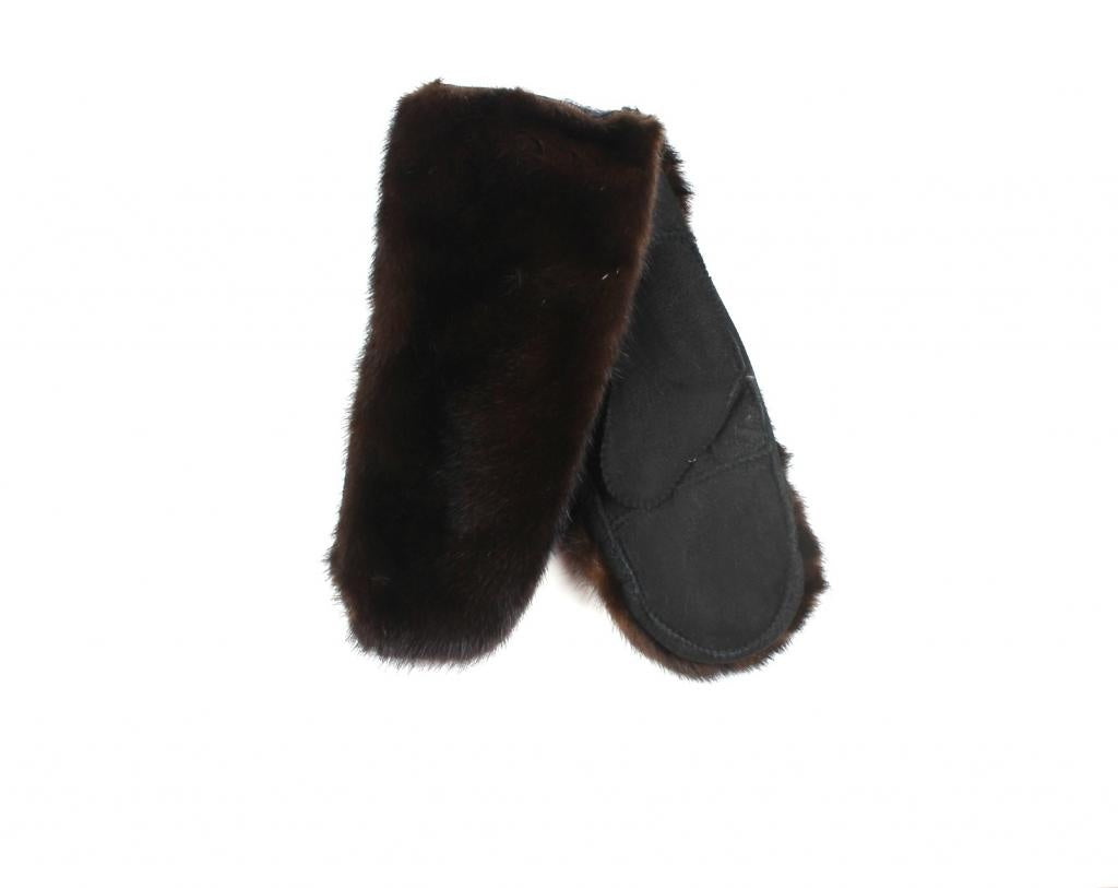 Dark brown mink fur and turned leather mittens
