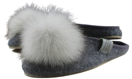 Women's wool house slippers with natural fox fur tufts | Size 38