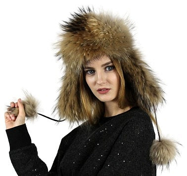 Original natural leather and houndstooth fur hat with ears