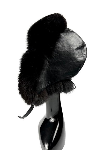 Black men's hat with natural fur and leather